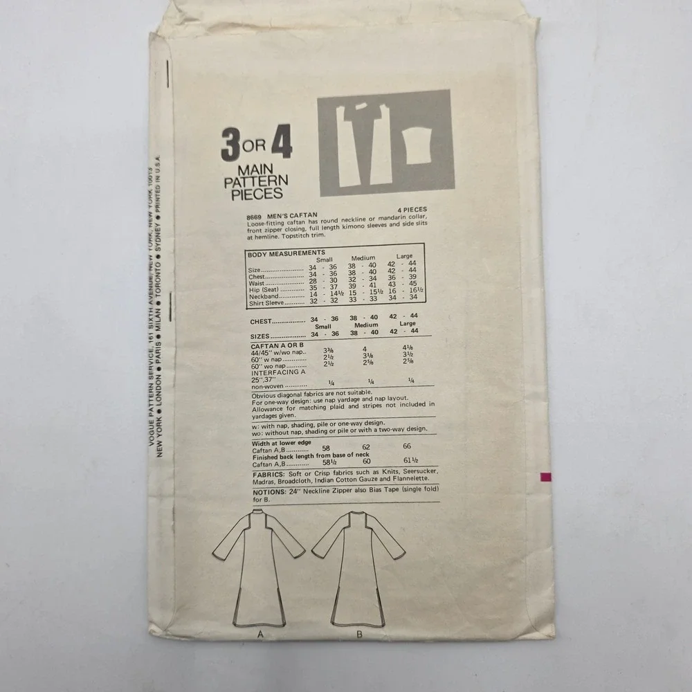 Vogue 8669 Mens Caftan Sewing Pattern Large Kimono Sleeve Robe Vintage 70s Boho